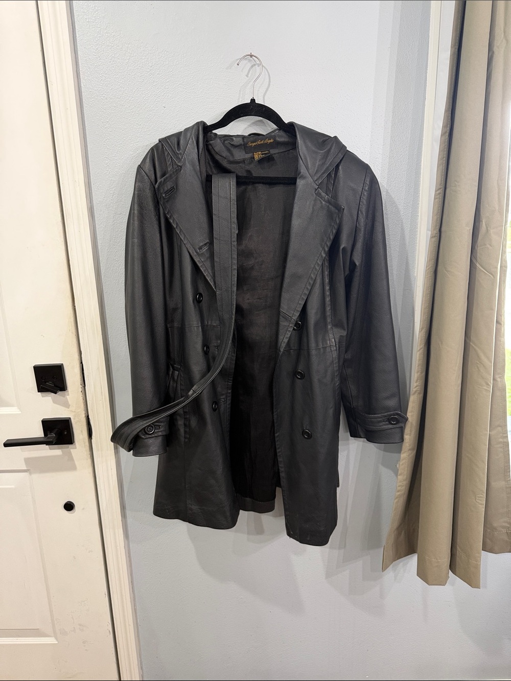 Hooded Black Leather Trench Coat